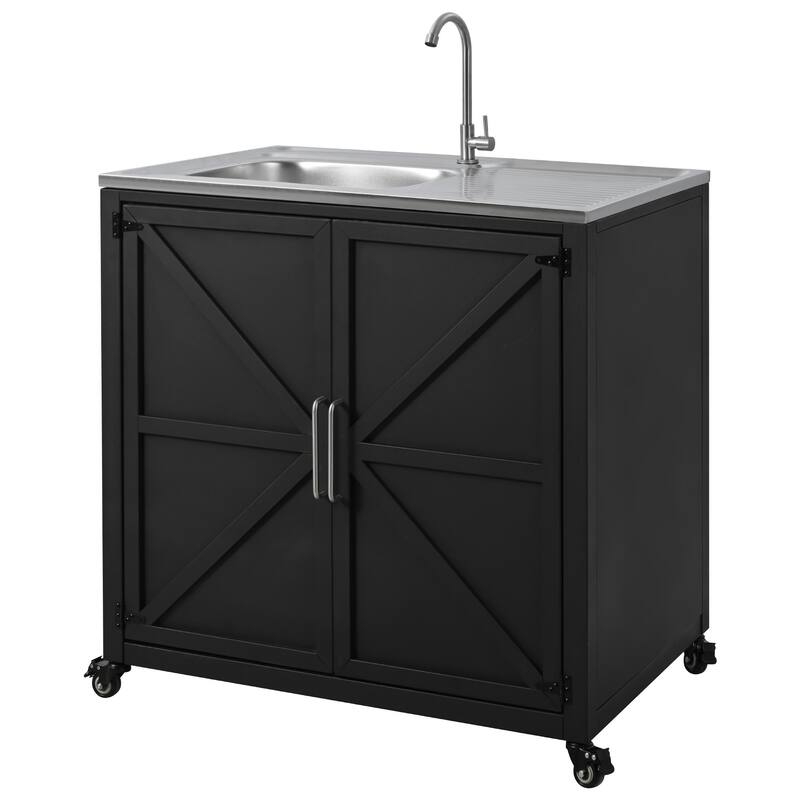 Roomfitters Outdoor Modular Kitchen Sink Station with Movable Cabinet for Patio Garden, Matte Black