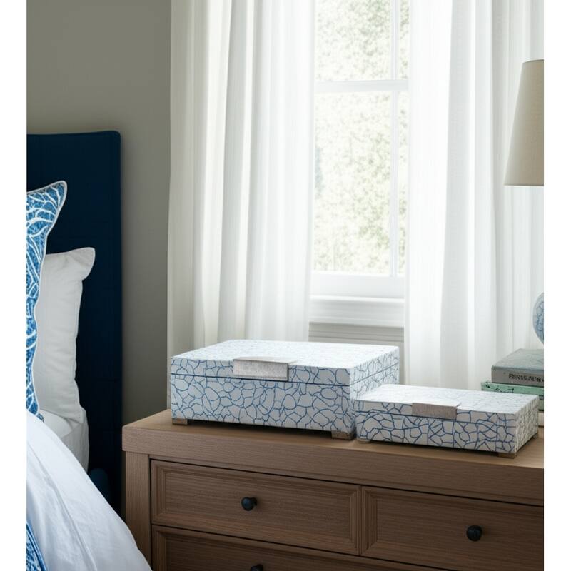 Resin Wood Boxes with Cracked Mosaic Texture (Set of 2) - 5" & 4" Blue - 14" x 8.25" x 4.75"