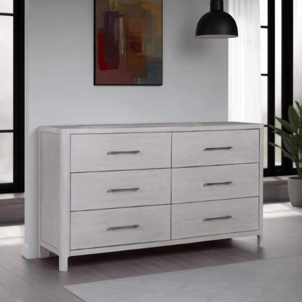 Reham Wide Dresser Chest, 6 Drawers, Pewter Handles, White Wash Brown