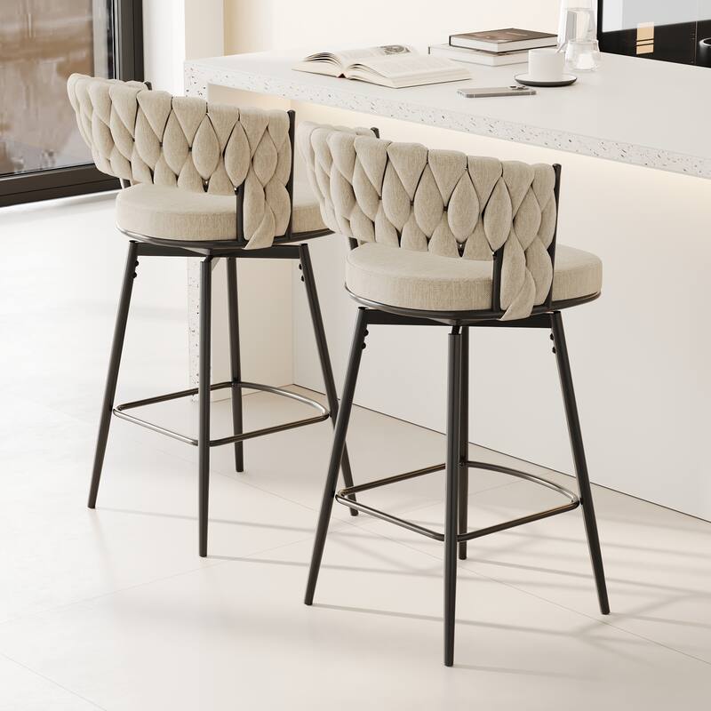 Swivel Bar Stools Set of 2, Upholstered Kitchen Island Chair with Woven Back, Counter Height Chair with Footrest