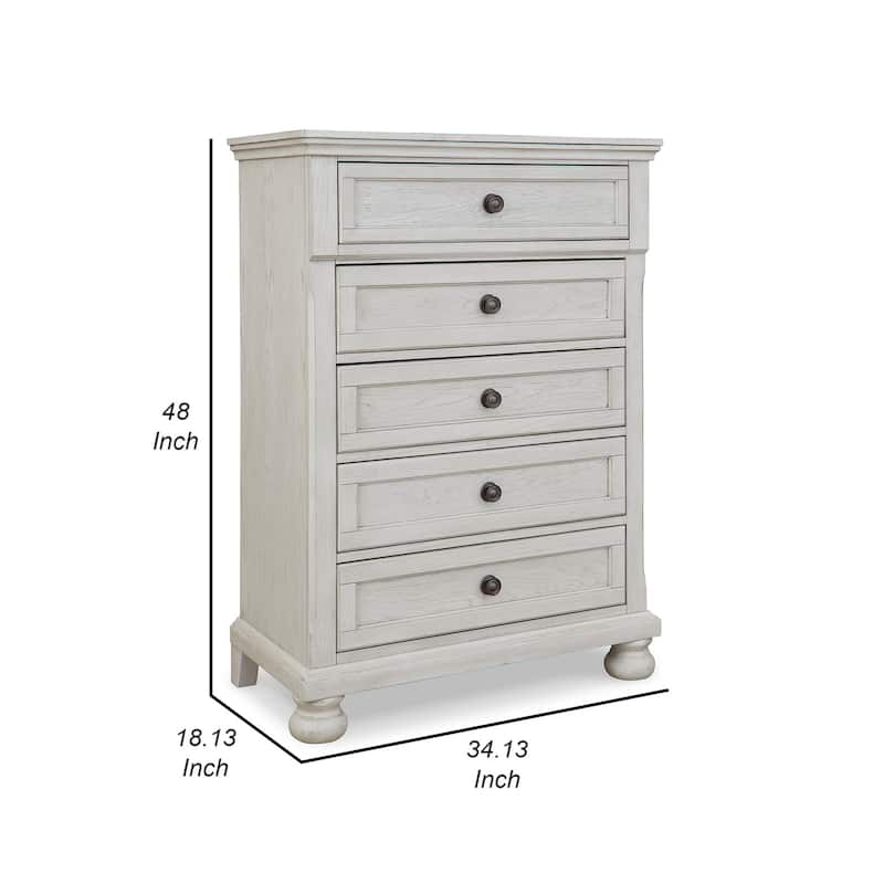 Lea 48 Inch Tall Dresser Chest, 5 Gliding Drawers, Wooden Bun Feet, White