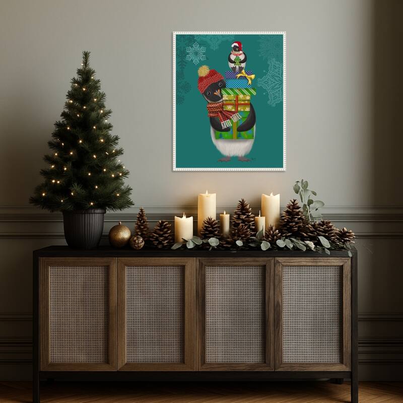Christmas Penguin Gifts by Fab Funky (23 x 28 in.), Framed Canvas Wall Art Print - Sylvie Beaded White