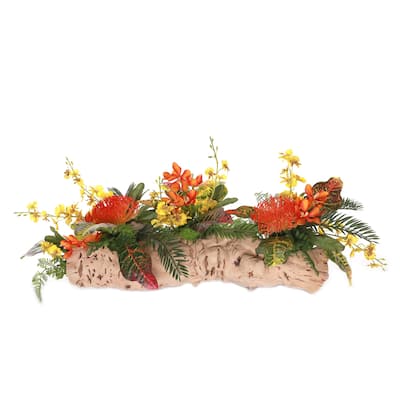 Tropical Flower Arrangement in Grapevine Log - Orange red, yellow, green
