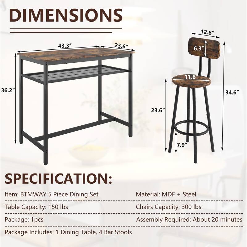 5-Piece Industrial Dining Table Set with Metal Shelf, 4 Bar Stools