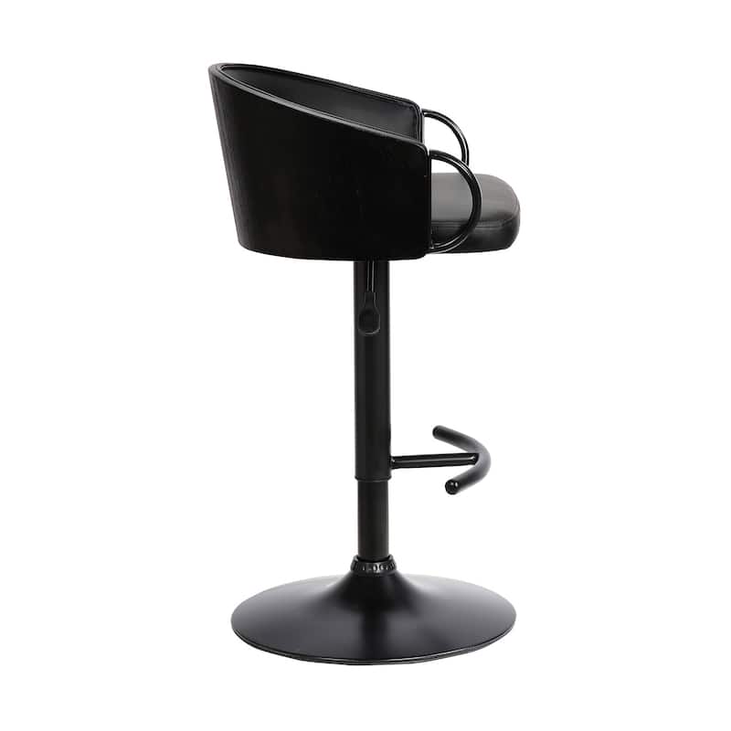 24" Black Faux Leather Adjustable Height Swivel Bar Stool with Iron Frame and Comfortable Arms - 40"H x 21"W x 19"D