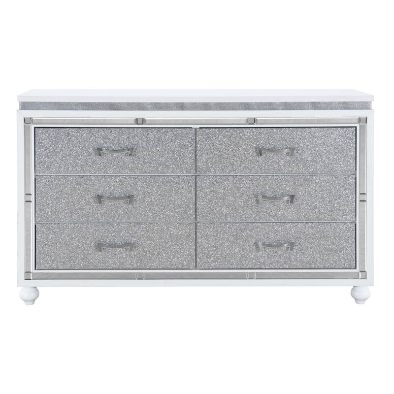 HomeRoots 58" White And Silver Faux Crystal Bling Wood Six Drawer Double Dresser