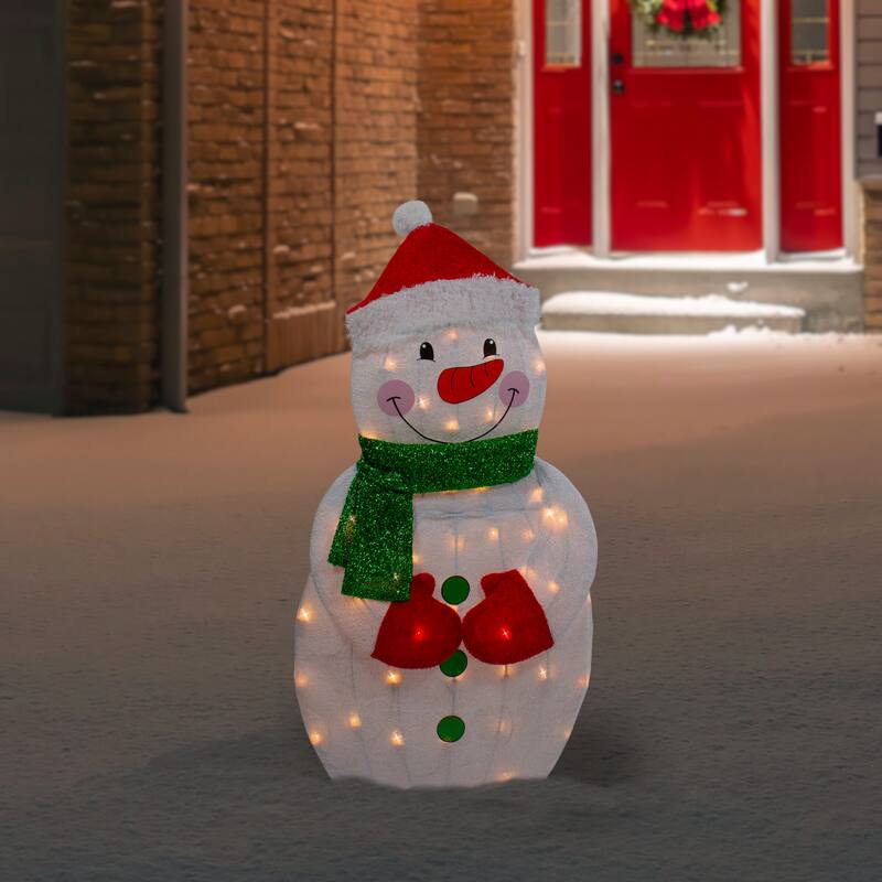 32" Lighted 2D Chenille Snowman with Scarf Outdoor Christmas Decoration