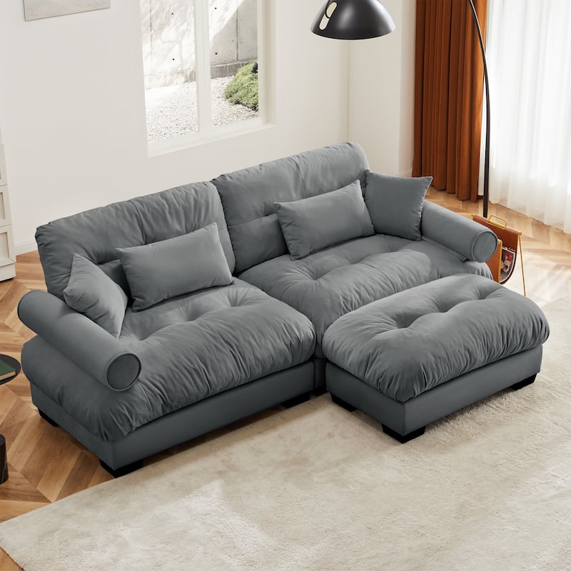 93.7" Velvet Sofa Set with Ottoman for Living Room, 2 Seat Upholstered Couch with Round Arms and Pillows for Bedroom, Office - Grey