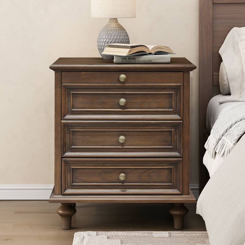 GDFStudio Vespertine Solid Wood 4-Drawer Nightstand with Pull-Out Tray - 1 Piece+Walnut Brown