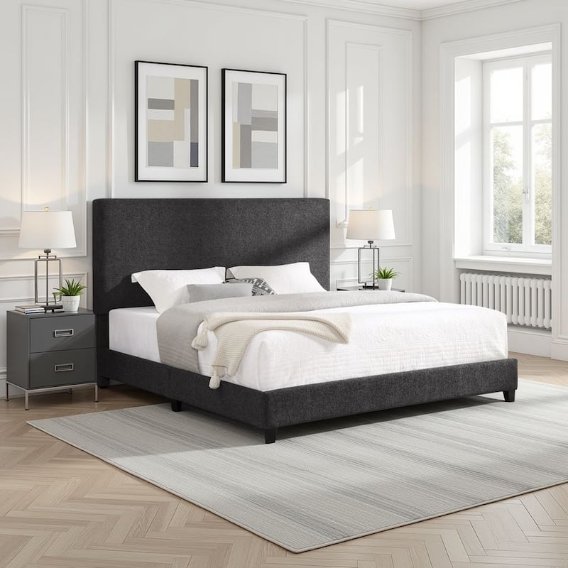 Charcoal Grey Upholstered King Size Platform Bed with Padded Headboard