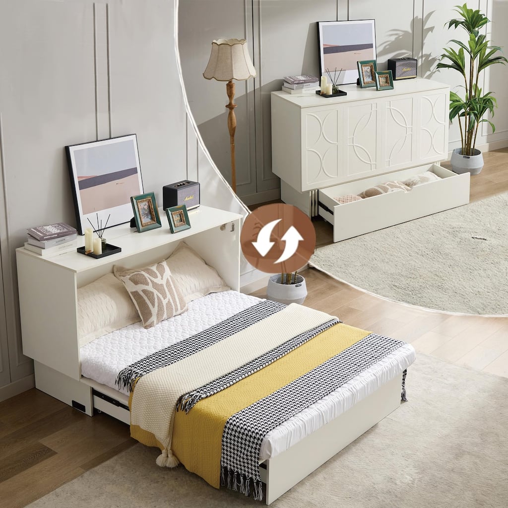 Queen Size Space-Saving Cabinet Bed with Storage, Folding Mattress, USB Ports, and Drawers
