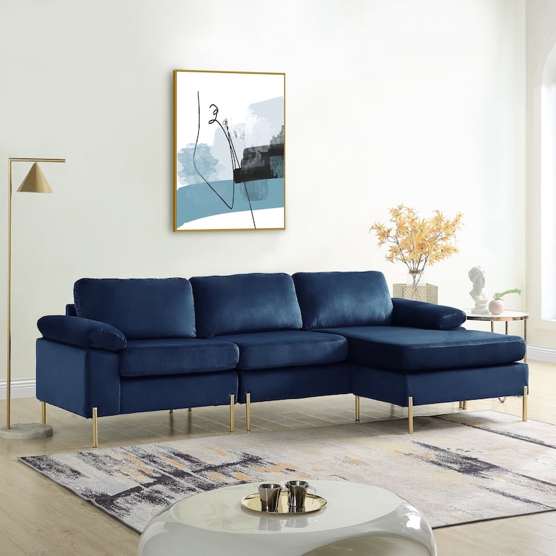 Blue Velvet Sectional Sofa with Chaise