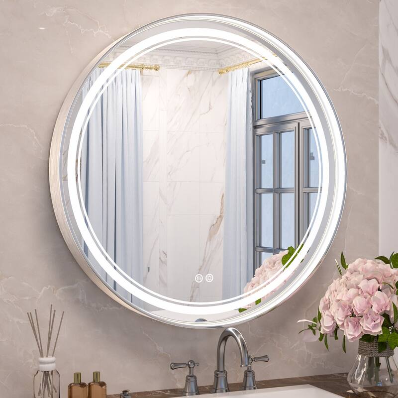 KEONJINN Round LED Front Light Bathroom Vanity Wall Mirror 3 Colors, Anti-fog, Metal Frame