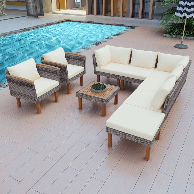 9 Piece Patio PE Rattan Furniture Set Outdoor Conversation Sectional Set for 8 Peoples, with Coffee Table and Washable Cushion
