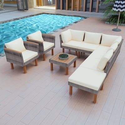 9-Piece Patio Rattan Conversation Set with Coffee Table & Washable Cushion