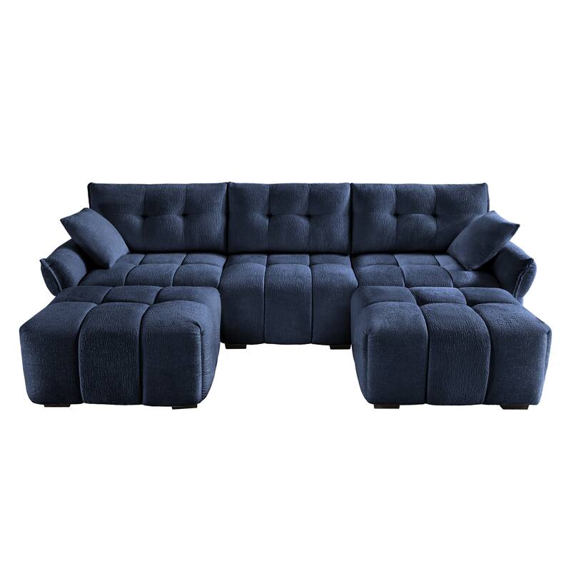 110.2" Chenille 3-Seater Sofa Set with Ottoman and Throw Pillows, Solid Wood Frame