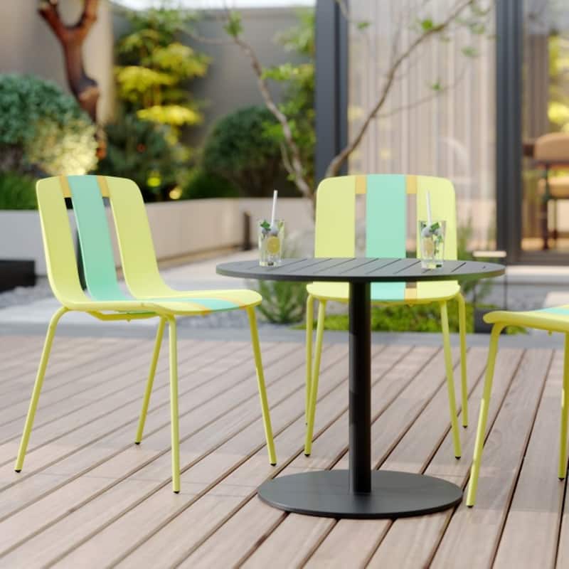 Malwee 4 PCS Indoor/Outdoor PP Plastic Chairs, Modern Striped Color Seat with Sturdy Metal Legs - for Living Room, Café, Terrace - Yellow and Green