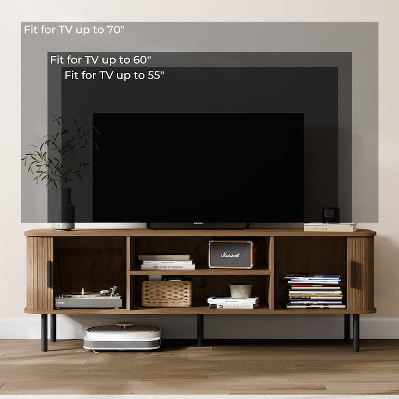 Mid-Century Modern Media Console, Tambour TV Stand with Storage Cabinet and Shelf