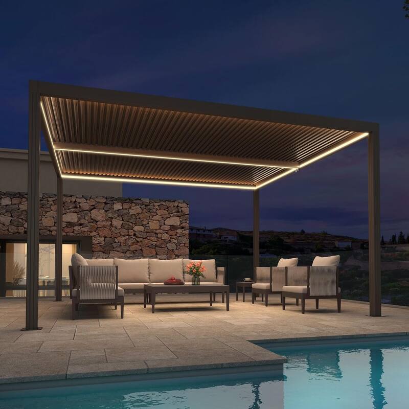 PURPLE LEAF Bronze Louvered Pergola with Adjustable Roof for Deck Backyard Garden Hardtop Gazebo
