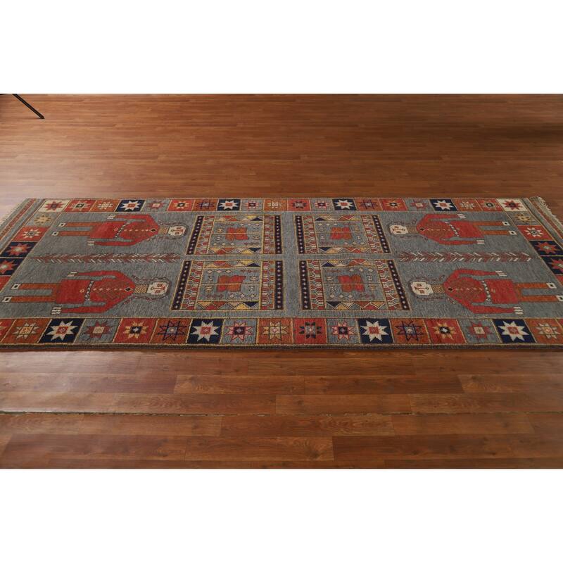 Hand Knotted Oriental 100% Wool Carpet Traditional Tribal Greys & Charcoal Heriz (serapi) Runner Rug - 9' 10'' X 4' 0''