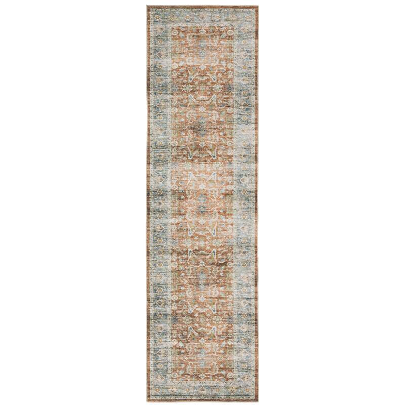 Vista Home Clarissa Washable Bordered Oriental Indoor Area Rug Mat - 2' x 8' - Rust/ Blue - Runner