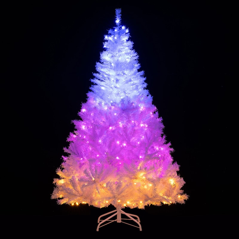 Pre-Lit White Christmas Tree with LED Lights and 11 Lighting Modes PVC Metal Holiday Tree with Stand