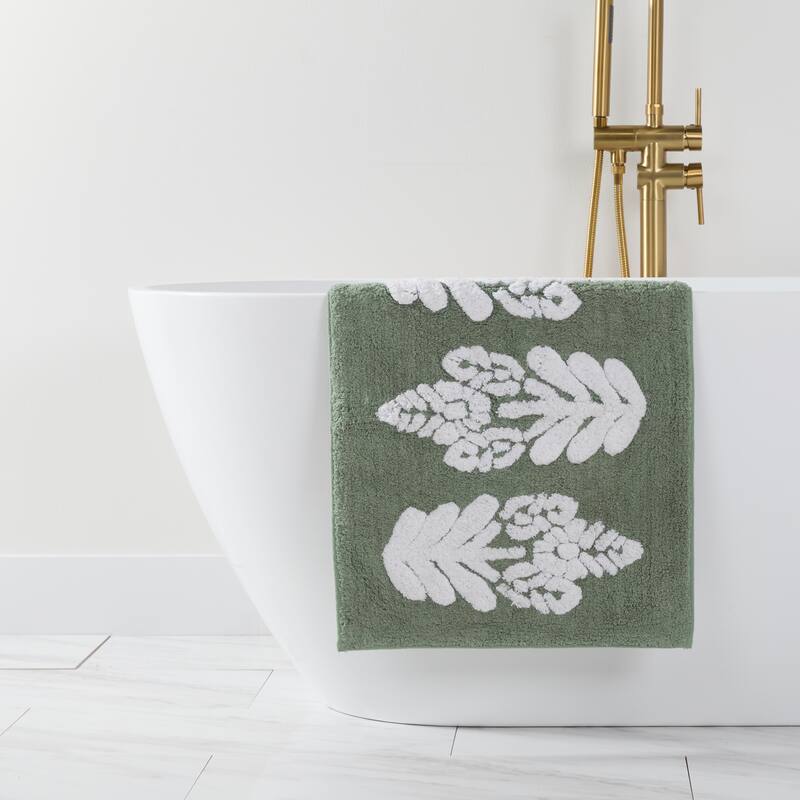 Becky Cameron 100% Cotton Floral Patterned Bath Mat - 24" x 17" - Sage Folk Leaves