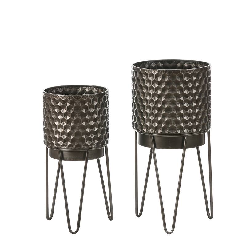Brown Metal Honeycomb Cachepot Planters with Brown Metal Stands (Set of 2)
