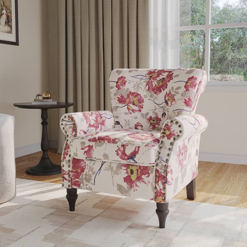 Mid-Century Modern Accent Chairs with Nailhead Trim - Linen - Pattern White