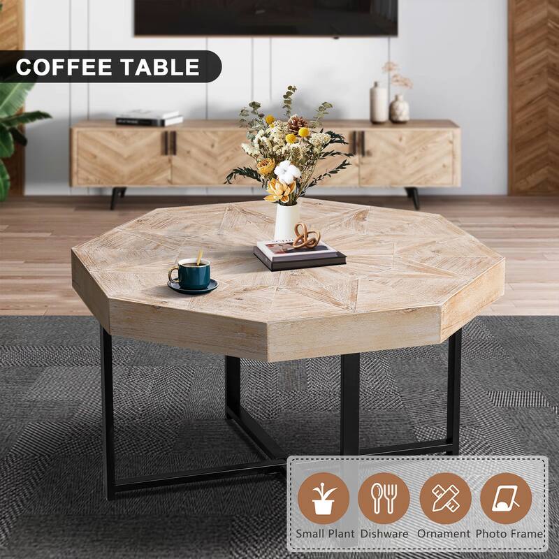Vintage Center Table Octagonal Coffee Table Living Room End Table with Patchwork Solid Wood Tabletop and Crossed Metal Legs