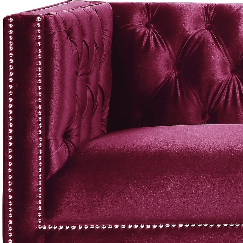 HomeRoots 89" Burgundy Velvet Sofa And Toss Pillows With Black Legs - 89