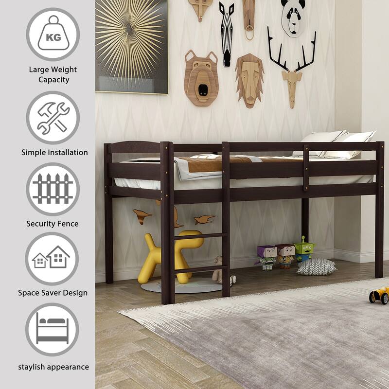Twin Size Wood Low Loft Bed with Ladder and Fence