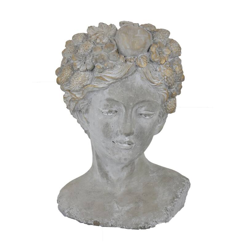 Farah Bust Statuette Planter, Floral Details, Gray Terracotta 13 Inch