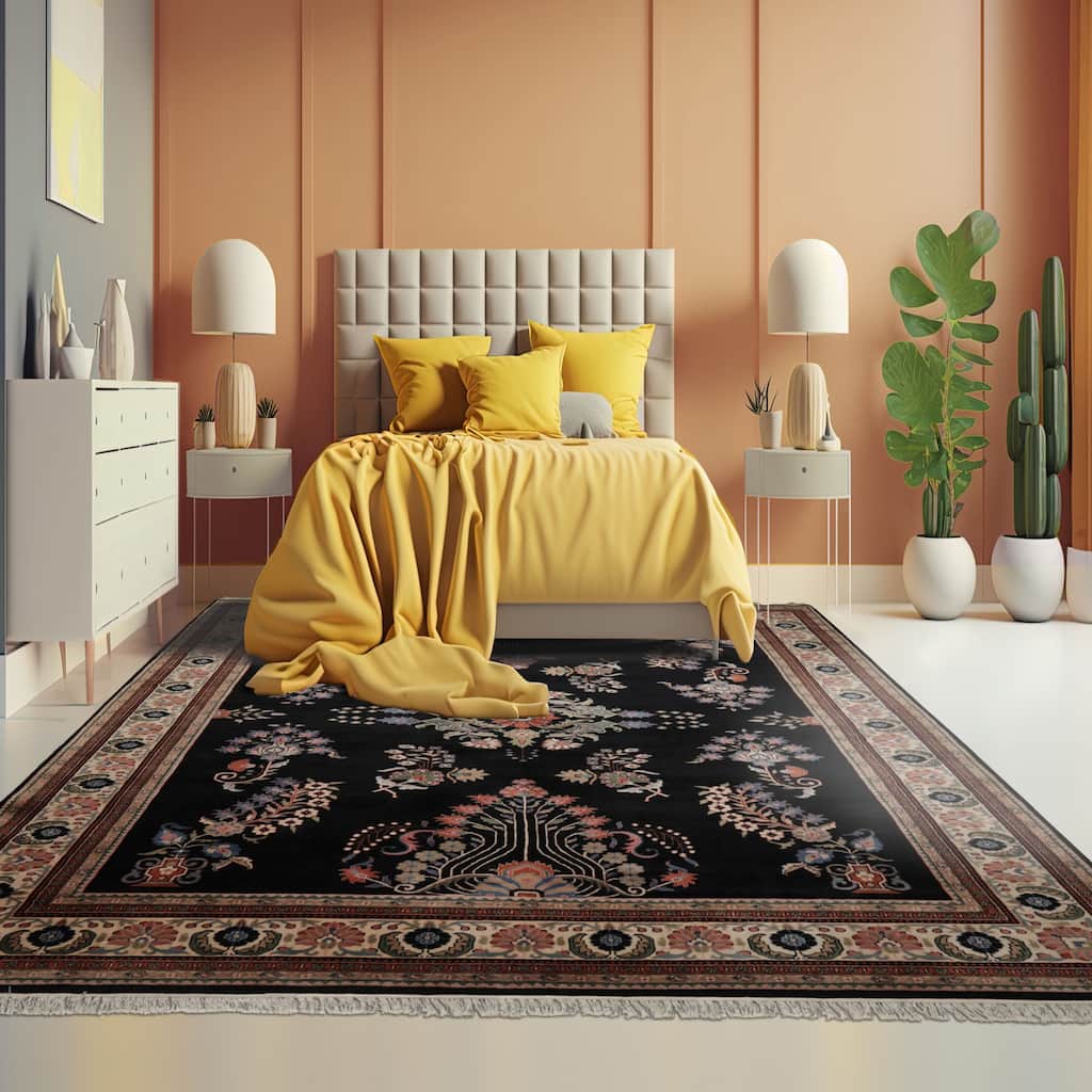 9x12 Hand Knotted New Zewland Wool Black Sarouk Plush Pile Area Rug - 9' x 12'