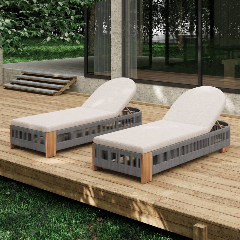 Roomfitters Outdoor Acacia Wood Chaise Lounge with Adjustable Backrest and Braided Rope Weave, Teak Finish - Grey,Teak