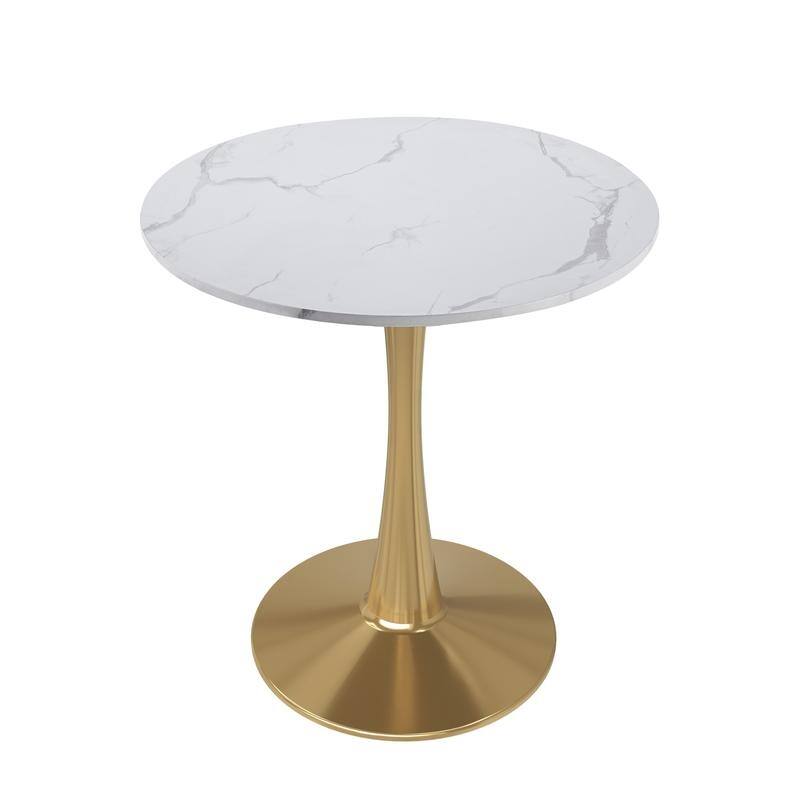 Bristol Minimalist Modern Round Dining Table with Solid Wood Top and Accent Gold Stainless Steel Base for Home or Kitchen - Marbled White - 27 Inches
