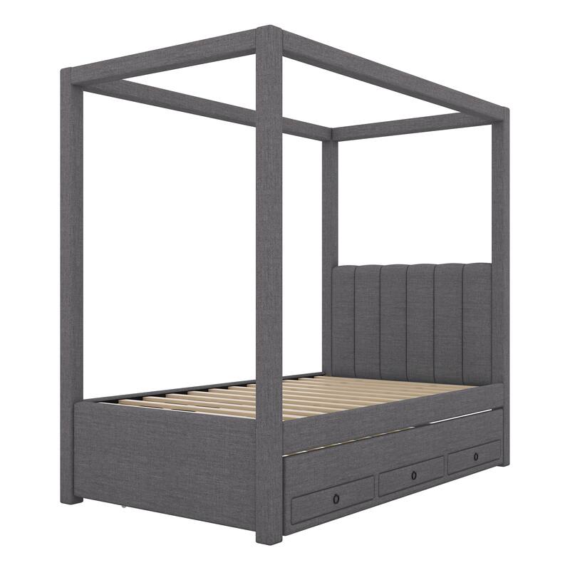 Twin/Full Size Upholstery Canopy Platform Bed with Trundle and Three Storage Drawers