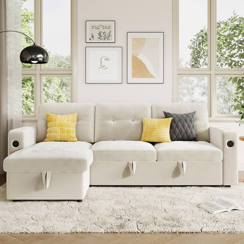 84" Sleeper Sofa Bed, Modular Sectional Cloud Couch with Reversible Storage Model - Beige