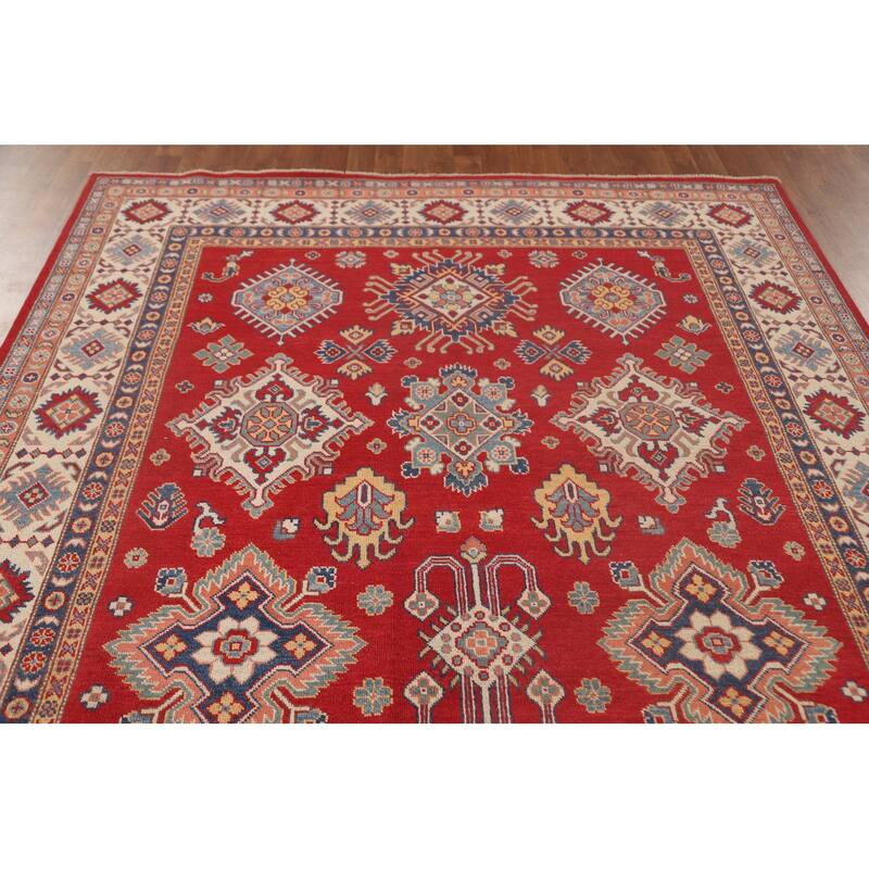Red Kazak Area Rug Handmade Geometric Wool Carpet - 7'2"x 10'0"