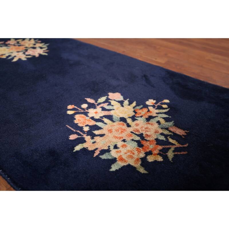 Navy Blue Floral Art Deco Chinese Accent Rug Hand-Knotted Wool Carpet - 2'0"x 3'11"