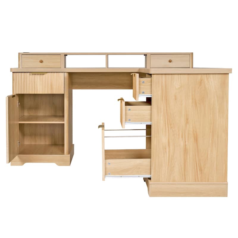 Executive L Shaped Desk Home Office Desk with Charging Station, Corner Computer Desk with Monitor Stand, Drawer, Storage Cabinet