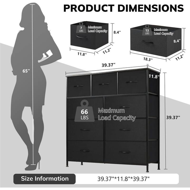9 Drawers Dresser for Bedroom, Tall Fabric Closet Chests Organizer Tower Furniture with Wooden Top