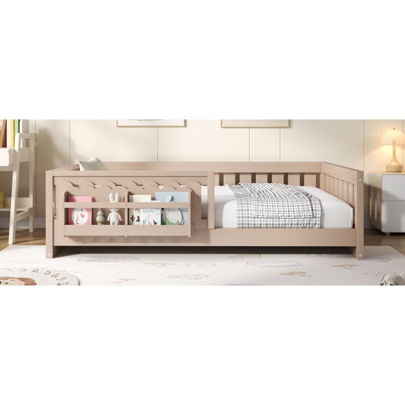 Roomfitters Twin Wood Platform Bed with Guardrail and 2 Bookshelves