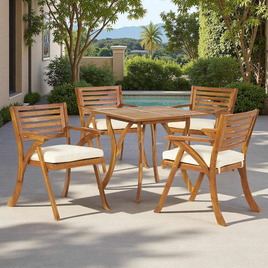 5-Piece Outdoor Acacia Wood Dining Set with Square Table and 4 Cushioned Chair