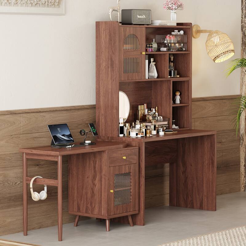 Computer Desk with 90 Rotating Side Table, Storage Drawer, Cabinets and Open Shelves for Home Office Study