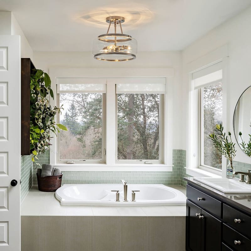 3-Light Industrial-style Black Lantern Glass Semi Flush Mount
