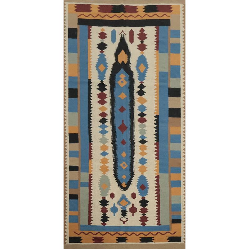 Hand Woven Oriental 100% Wool Carpet Southwestern Tribal Beige & Ivories Kilim Area Rug - 12' 0'' X 5' 0''