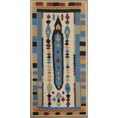 Hand Woven Oriental 100% Wool Carpet Southwestern Tribal Beige & Ivories Kilim Area Rug - 12' 0'' X 5' 0''