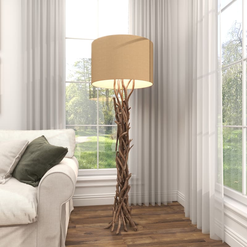 Driftwood Handmade Room Floor Lamp with Beige Linen Shade - Light Brown - Roche River Decor