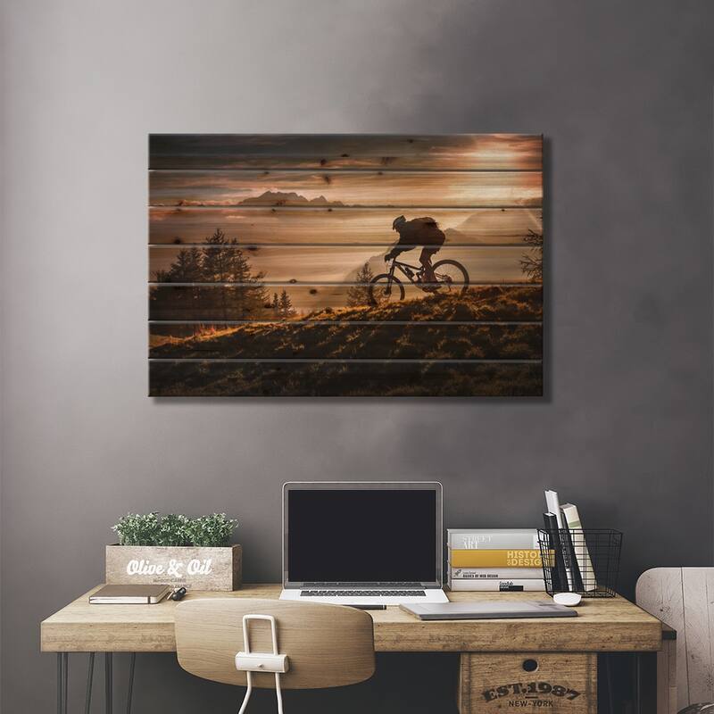 Golden Hour Biking Print On Wood by Sandi Bertoncelj - Multi-Color